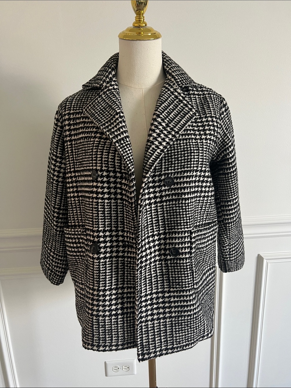 Girls Mango Black & White Houndstooth Pea Coat size 8